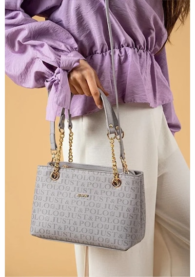 Just Polo Kadın Orta Boy Zincir Detaylı Ayarlanabilir Askılı Şık El & Omuz Çantası Shoulder Bag Gri