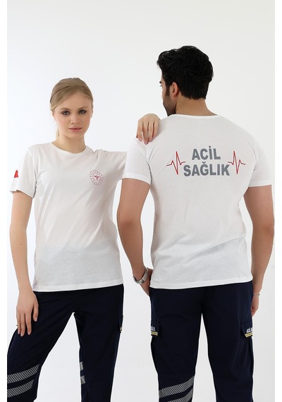 Acil Sağlık Yuvarlak Yaka Penye Kısa Kol Tshirt - Beyaz-12104 Beyaz