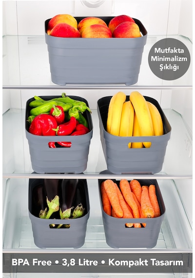 5'li 3800 Ml Buzdolabı Düzenleyici - Mutfak Banyo Dekoratif Dolap İçi Çok Amaçlı Organizer Antrasit Antrasit