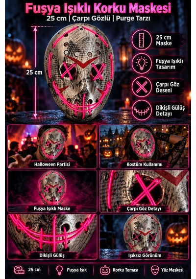 Halloween Cadılar Bayramı Purge Tarzı Fuşya Işıklı Korku Maskesi 25 Cm Çarpı Gözlü Dikili Ağız