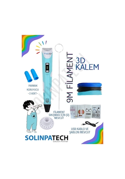 Mavi 3D Kalem 3D Pen 3 Boyutlu Yazıcı Kalem 3 Renk 9 Metre Filament + USB KABLO