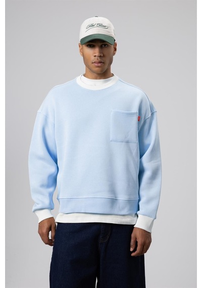 Vamos Bisiklet Yaka Cep Detaylı Oversize Sweatshirt Bebek Mavisi