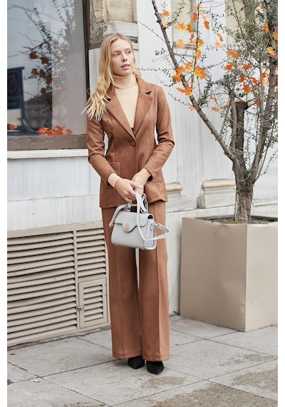Süet Kumaş Cep Detaylı Düğmeli Şık Blazer Ceket-taba Taba