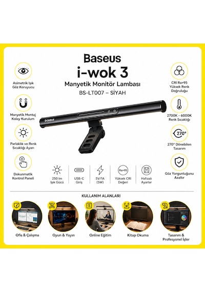 Baseus İ-wok 3 Manyetik Monitör Lambası Bs-lt007 Siyah Asimetrik Göz Koruyucu Ekran Işığı Usb-c 270 Ayarlanabilir 2700k-6000k