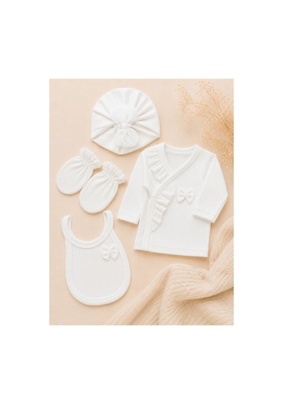 Lilliy %100 Pamuk Yeni Doğan Hastane Çıkış Seti 4 Parça Beyaz Bebek Elbise Şapka Eldiven Önlük