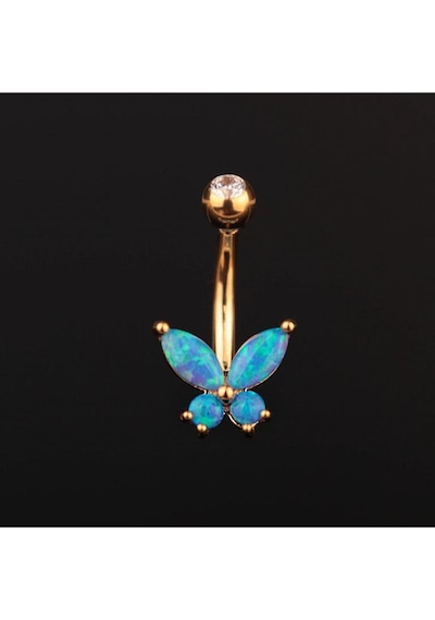Opal Taşlı Kelebek Model Göbek Piercingi Kelebek Göbek Piercingi Siyah - Yeşil