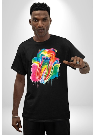 Diş Doktoru Diş Anatomisi Özel Tasarım Pamuklu Bisiklet Yaka Unisex Oversize Boyfriend Dijital Baskılı Siyah T-shirt Siyah
