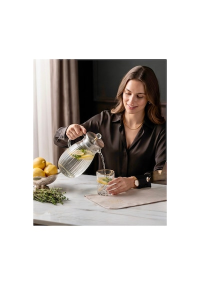 Büyük Boy Borosilikat Tasarım Cam Sürahi,1800 Ml,metal Süzgeç Kapaklı,su,limonata,detoks,çay Sürahisi-taşlı Model