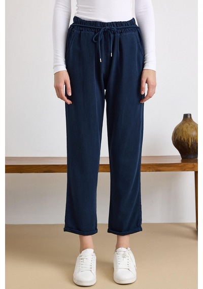 Olcay Bağcık Detaylı Beli Lastikli Soft Denim Pantolon Lacivert 7586