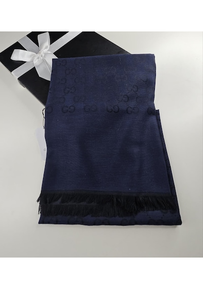 Miorel Scarfs İnce Kumaş G Desen Pamuklu Şal Yün İpek Şal 4 Mevsim Çift Taraflı Lacivert