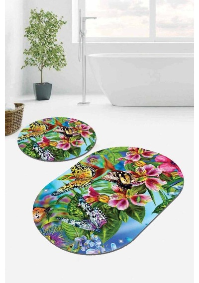 Renkli Çiçekli Desen Oval Banyo Klozet Paspas Seti Bs100n11 Çok Renkli