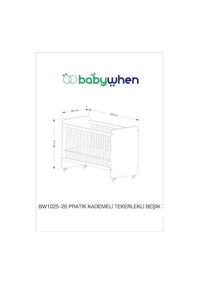 BW1025 - Pratik Kademeli Tekerlekli Bebek Beşik Beyaz 60x120 Beyaz