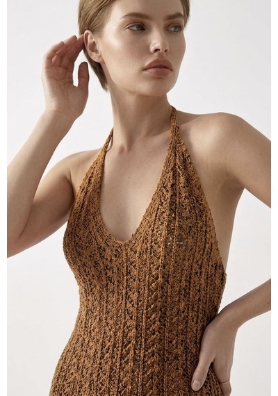 Neden Tekstil Beachwear Boyundan Bağlamalı Ajurlu Triko Plaj Elbisesi - Kahverengi