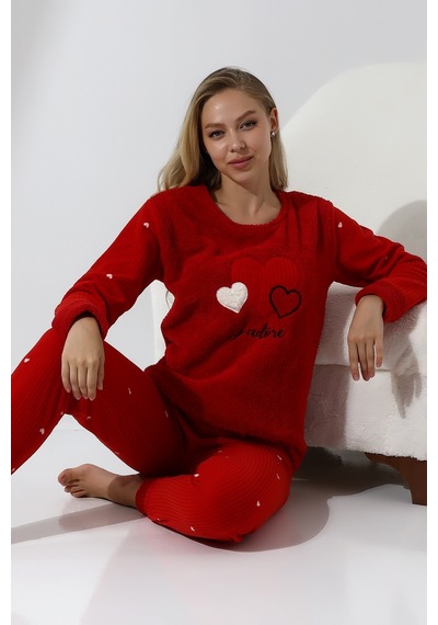 Wordex Fawn 5005 Peluş Welsoft Polar Kışlık Yumoş Kadın Pijama Takımı Kırmızı