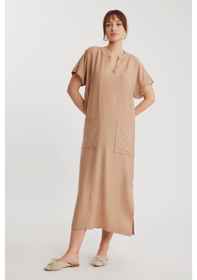 Vitrin Yanları Yırtmaçlı Çift Cep Elbise Camel