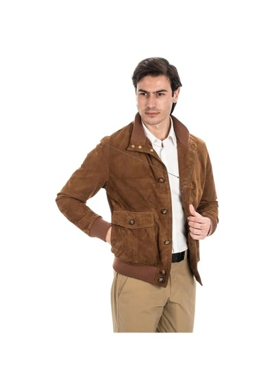 M M Marki Marki Erkek Viski Rengi Hakiki Süet Deri Ceket Düğme Kapamalı, Vintage Tarz, 4 Cepli - 505222
