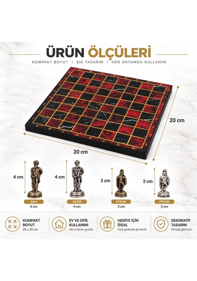 Lüks Metal Satranç Takımı Osmanlı Bizans Figürlü Krom Kırmızı Mermer Desenli 20 X 20 Premium Hediye