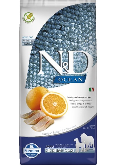 N&D Adult Medium & Maxi Ocean Ringa Balıklı ve Portakallı Orta ve Büyük Irk Yetişkin Köpek Maması 12 KG