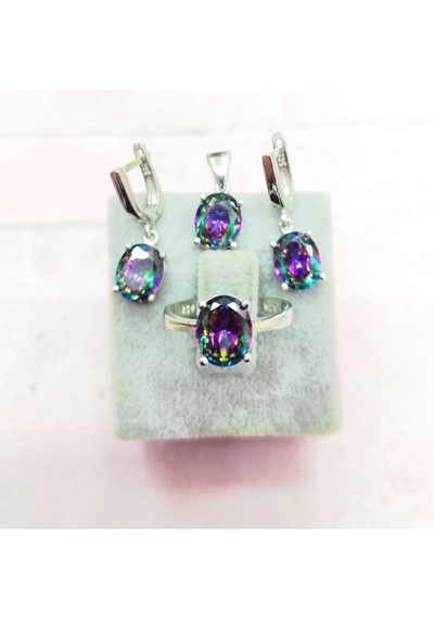 Oriental Kuyumculuk Jewellery Mistik Topaz Taşlı Oval Kolye Küpe Yüzük Gümüş Set Takım Gümüş