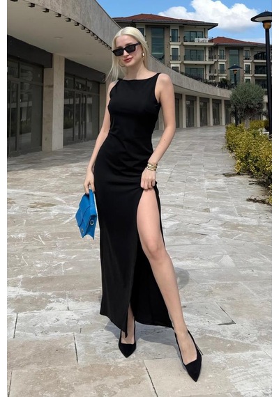 Madmext Siyah Maxi Boy Yırtmaç Detaylı Kadın Elbise Mg2367 Siyah