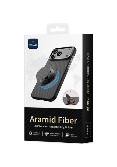 Wiwu Warriors Serisi Aramid Fiber 360 Derece Dönebilen Magnetik Ring Stand Telefon Tutucu Siyah Siyah