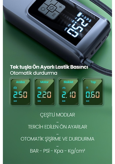 Dijital Ekranlı Şarjlı Araç Hava Kompresörü Ledli Powerbank Lastik Top Yatak Şişirme Pompası 150psi