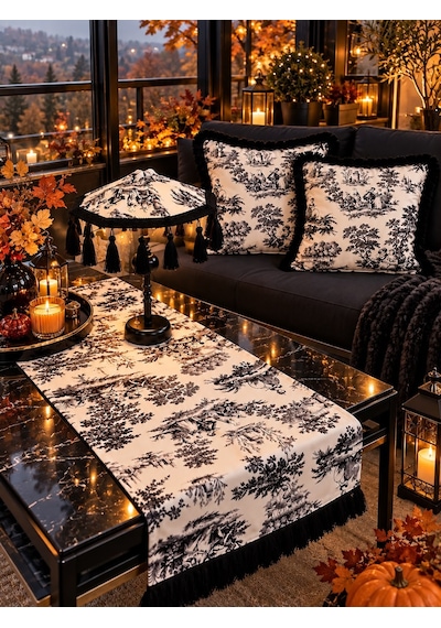 Missidea Black Toile Elegance Desenli Dekoratif Masa Üstü Lambası Bali Şemsiyesi Seti Şemsiye + Runner + 2 Li Kırlent Kılıfı Siyah