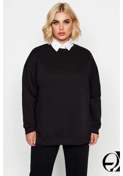 Benerly Kadın Bisiklet Yaka Düşük Kol Oversize Kalıp Sweatshirt Fonksiyon siyah