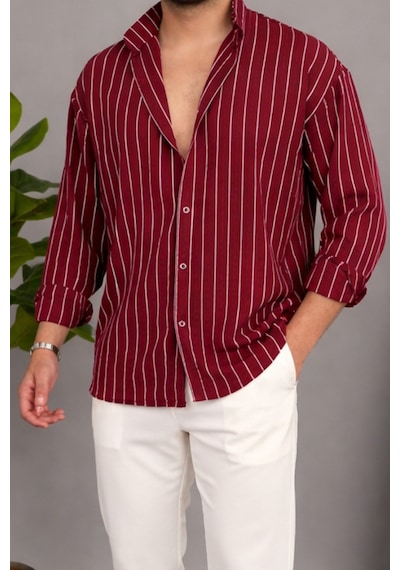 Erkek İki Çizgili Regular Relaxed Fit Uzun Kollu Gömlek Bordo