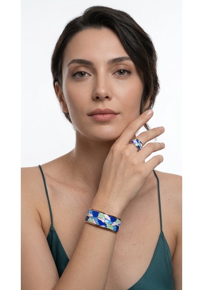 Enamel Bileklik Yüzük Set Blue & Green " Sarı