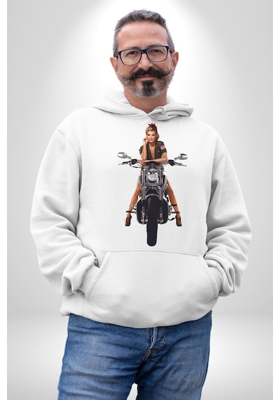 Motosiklet Kadın Kadın Erkek Beyaz Kapüşonlu Sweatshirt Hoodie Beyaz