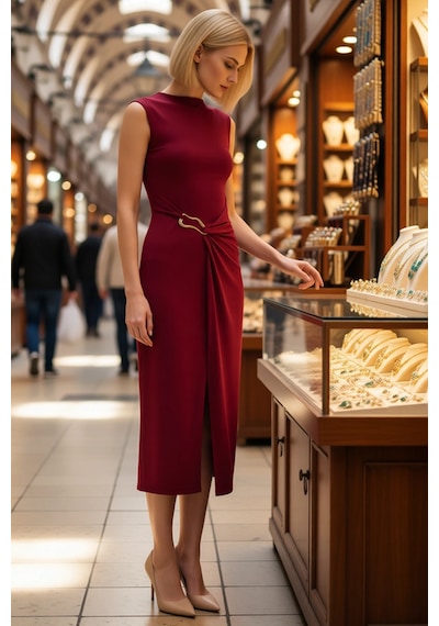 Benerly Kadın Bodycon Midi Elbise Kolsuz Kayık Yaka Aksesuar Detaylı Örne Bordo Benerly Kadın Bodycon Midi Elbise Kolsuz Kayık Yaka Aksesuar Detaylı Örne Bordo