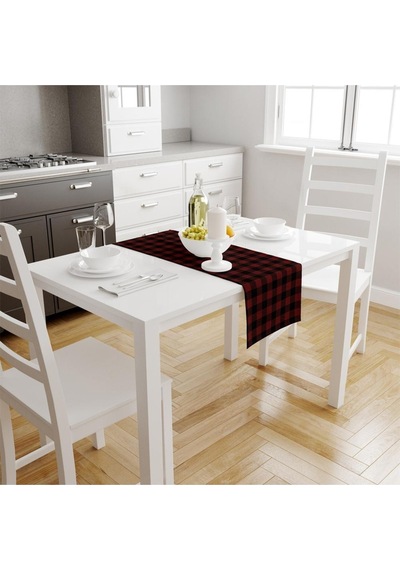 Kırmızı-siyah Kare Runner 140x45cm Ince Keten, Uluslararası Yıkama Ve Solmama Sertifikası Çok Renkli