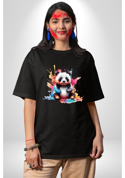 Renkli Yavru Panda Pamuklu Bisiklet Yaka Unisex Oversize Boyfriend Dijital Baskılı Siyah T-shirt Siyah