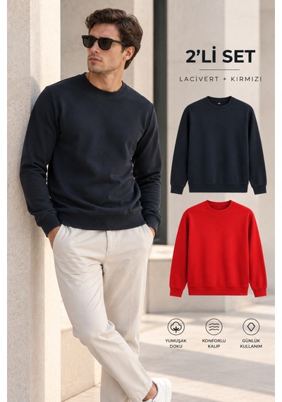 Polo State Erkek 2 Li Set Bisiklet Yaka Basic Sweatshirt Kırmızı & Lacivert
