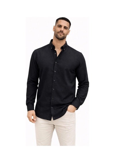Wear Vexel Erkek Keten Kumaş Uzun Kollu Regular Fit Gömlek - Siyah Çok Renkli