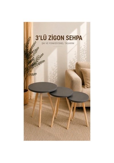 Zigon Sehpa Antrasit 3'lü Ahşap Ayaklı Yuvarlak Modern Yan Sehpa Seti Antrasit Antrasit
