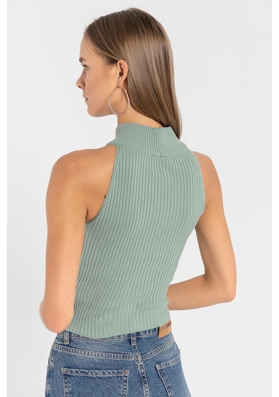 Miss Poem Kadın Kolsuz Slim Fit Boğazlı Fitilli Kısa Antrasit Triko Crop Yeşil