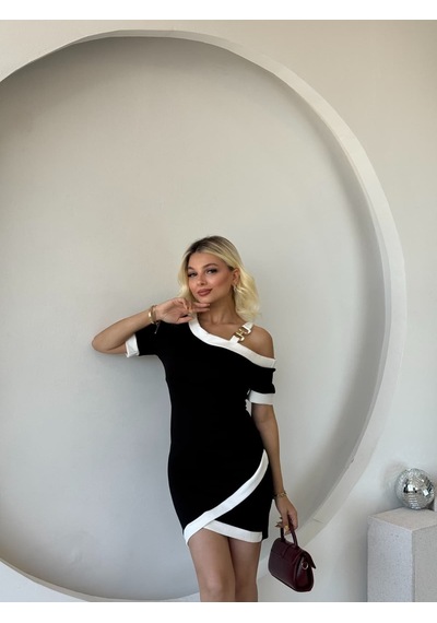 Veraura Lifestyle Kadın Kısa Kollu Asimetrik Kesim Yaka Şerit Ve Aksesuar Detaylı Modal Elbise Siyah