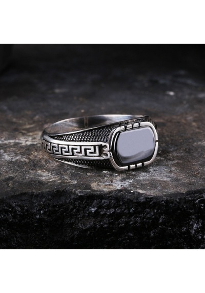 925 Ayar Gümüş Grek İşlemeli Oniks Taşlı Erkek Yüzük Silver