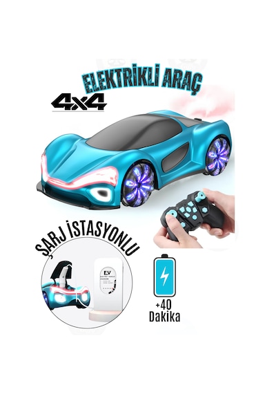 Oyuncak Uzaktan Kumandalı Şarjlı Elektrikli Araba 4x4 Şarj İstasyonlu Led Işıklı Sesli Müzikli Rc Mavi