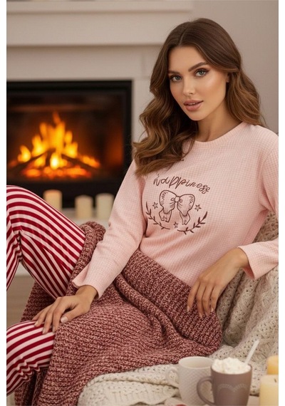 Siyah İnci Polar Kışlık Waffle Örme Kumaşlı Pijama Takım 25222082 Somon