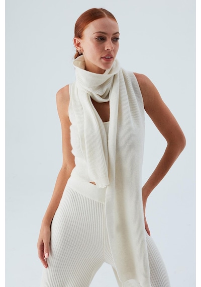 Peraluna Nomı Scarf Selanik Örgü Kaşmir Karışımlı Yumuşak Kadın Triko Atkı - Ekru Ekru