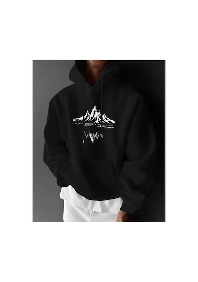 Herkesemoda Mountains Baskı Detaylı İçi Polarlı Kapüşonlu Sweatshirt Siyah