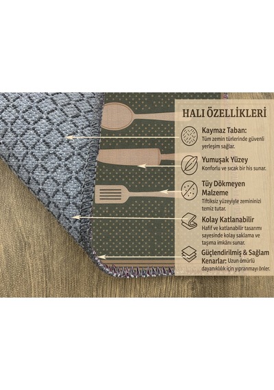 Turkıshrug Kıngdom Haki Kitchen Yazılı Halı Kaymaz Pamuk Taban, Dijital Baskı Çok Renkli