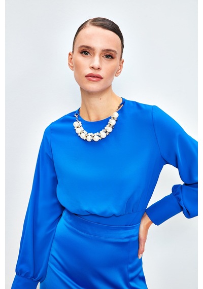 Sateen Kolye Detaylı Crop Bluz - Sax Mavi