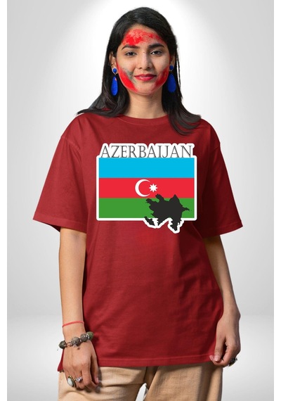 Azerbeycan Bayrak Ülke Pamuklu Bisiklet Yaka Unisex Oversize Boyfriend Dijital Baskılı Kırmızı T-shirt Kırmızı