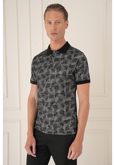 Efor Slim Fit Dal Yaprak Desen Polo Yaka Pamuklu Siyah Tişört Ts 884 Siyah