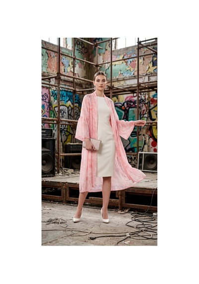 Lila Mare İpek Tül Nakışlı Abaya Kimono Pembe Pembe