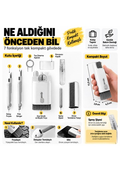 7'si 1 Arada Elektronik Temizleme Seti Bilgisayar, Laptop, Klavye, Telefon, Kulaklık Airpod Vb. İçin